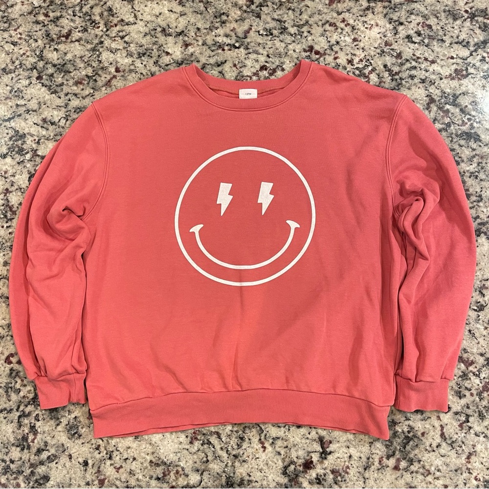 12PM by Mon Ami Faded Red Coral Smiley Face Sweatshirt Women’s Medium.